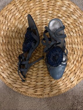Saks Fifth Avenue Navy Beaded Strappy Heels